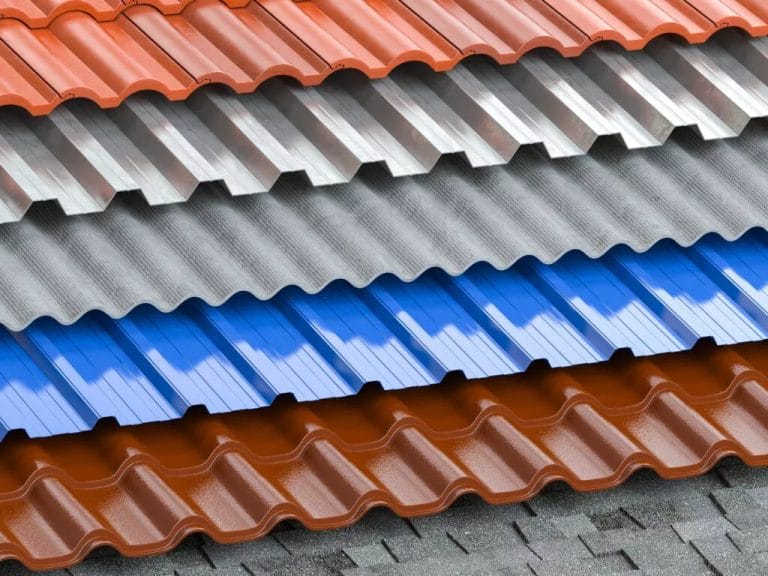 Different types of roof coating. Background from layers of sheet metal profiles, ceramic tiles, asphalt roofing shingles and gypsum slate.